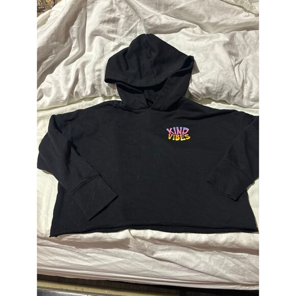 Old Navy black S 6/7 kind vibes hooded black French terry crop sweatshirt nwot - Picture 1 of 5